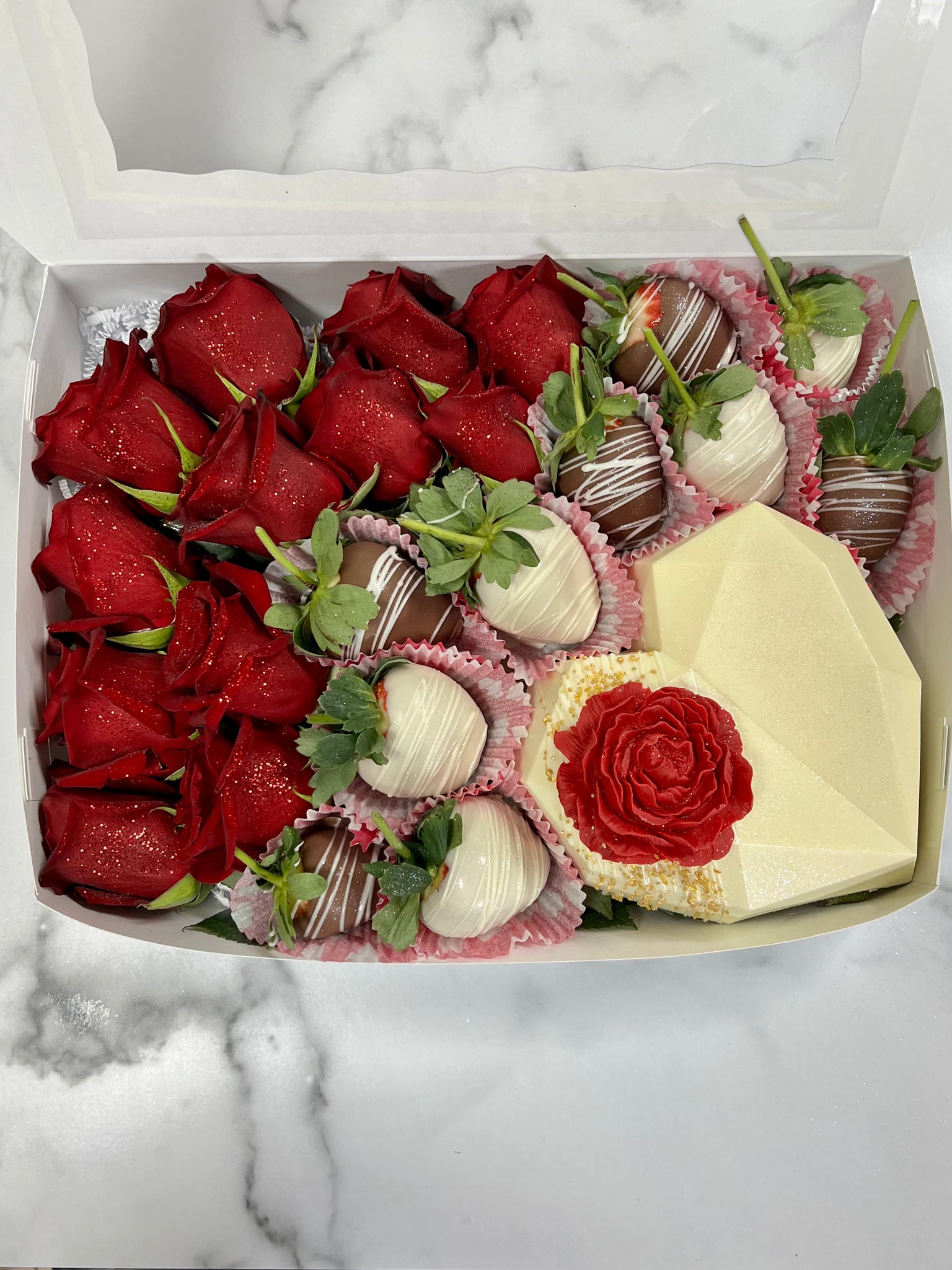 Roses and chocolates surprise heart box
